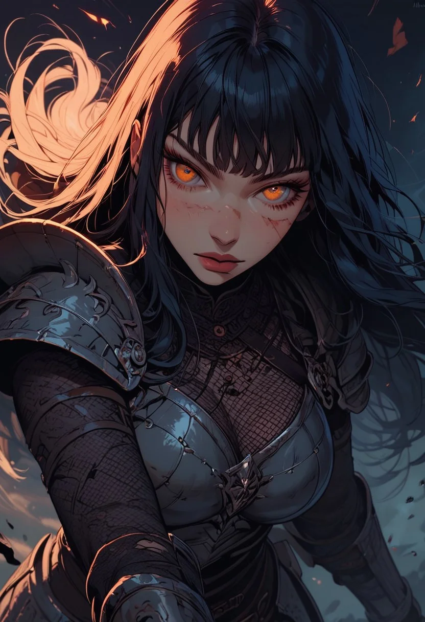 Score_9, Score8_up, Score_7_up, (((High Resolution, Best Quality))),
1girl, beautiful, breasts, battle scarred, damaged armor, fishnets under armor, bangs, long hair, plated armour, holding battleaxe, battle stance, dynamic angle, ancient fantasy city, battle-ready stance, dynamic pose, at night, moonlight, riding a nimbus cloud, nimbus, directional lighting, viewed from above,
beautiful eyes, detailed eyes, perfect eyes, orange eyes, beautiful eyes, looking at viewer, extreme foreshortening,