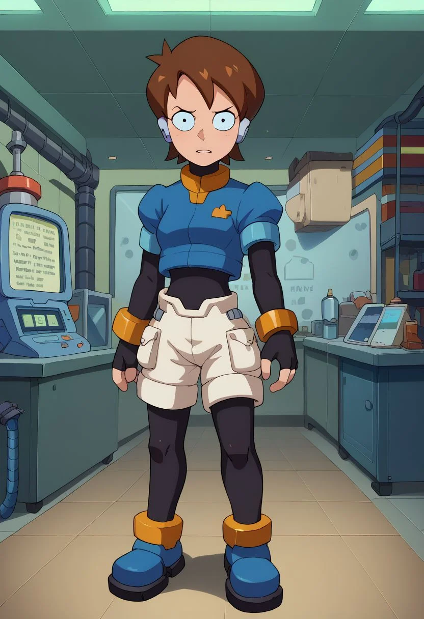 score_9, score_8_up, score_7_up, english text, 1girl, small breasts, brown hair, short hair, circle eyes, dot pupil, overbite, robot ears, black bodysuit, fingerless gloves, blue Cropped Jacket, cropped jacket, short sleeves, bracelet, shorts, anklet, shoes, blue footgear, looking at viewer, standing, source_cartoon, futuramastyle, indoors, laboratory, black pantyhose