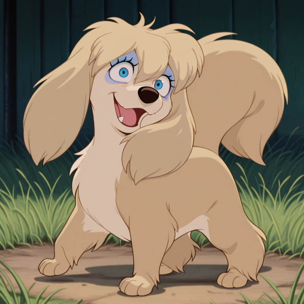 peg, female, dog, disney, blonde fur, long ears, light blonde belly, blue eyes, blue eyeshadow, bangs, hair tuft BREAK score_9, score_8, score_7, no humans, (((full body))), standing, solo, female, feral, hight definition, hyper detailed, best quality, amazing quality, 1girl, cute, cute smile, cute pose, 8k, masterpiece, looking at viewer BREAK standing, happy, friendly, adorable, expressive eyes, sweet, smiling, open mouth, open eyes, (((in grassy meadow))), (((daylight)))
