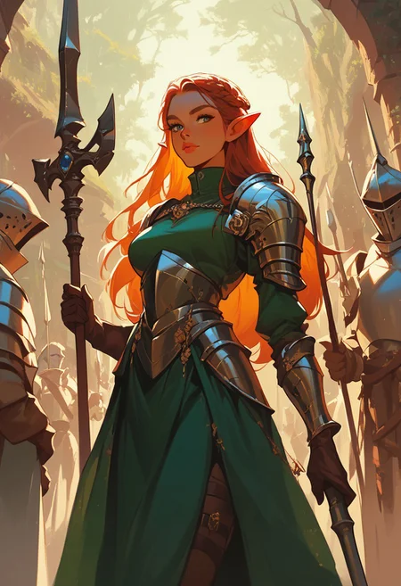 score_9, score_8_up, score_7_up, score_6_up, source_cartoon, Jabstyle, elf women knight, steel armor, holding a  spear