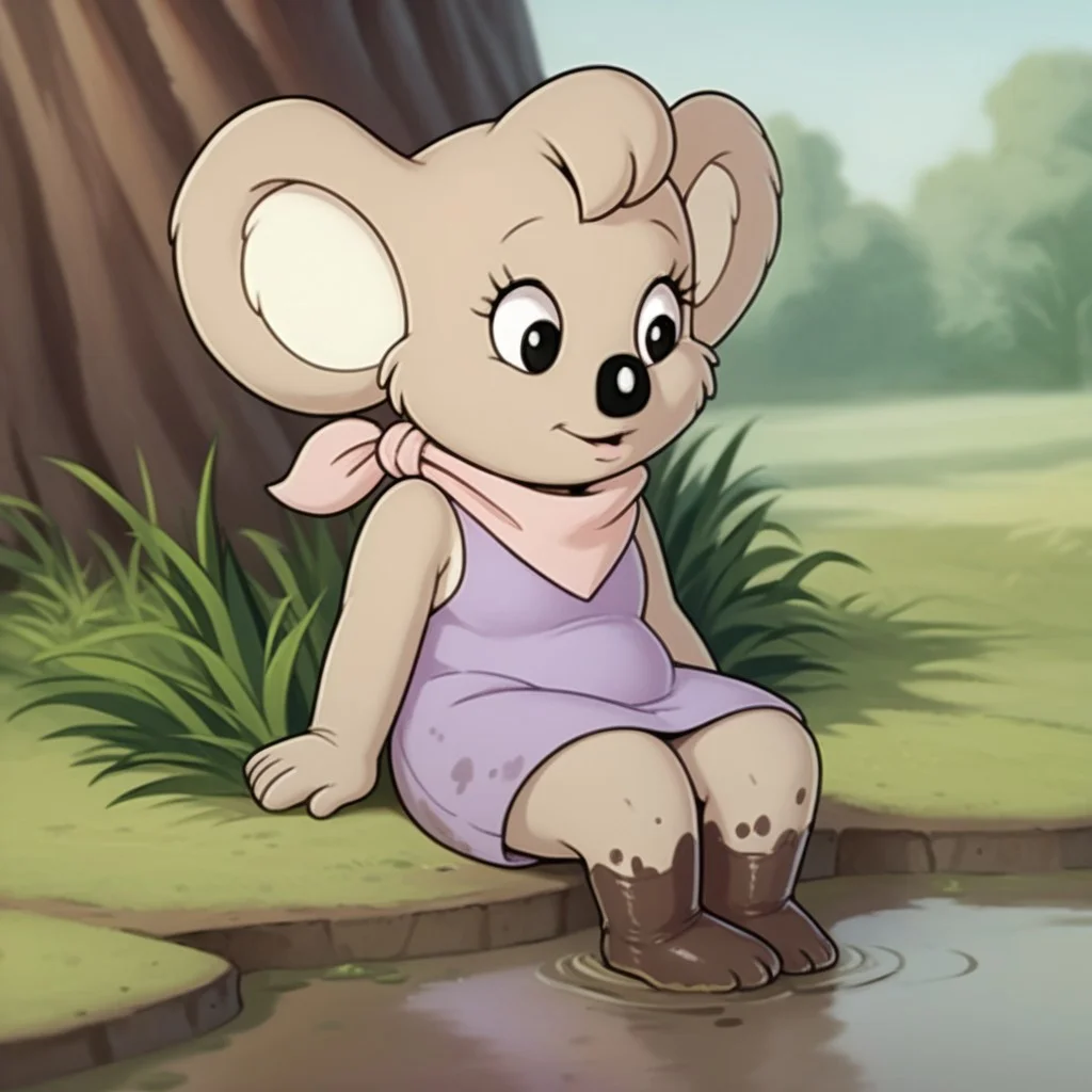 score_9, score_8_up, score_7_up, score_6_up, score_5_up, score_4_up, source_furry, Nutsybbv2, semi-anthro, female, Koala, tan fur, purple dress, pink neckerchief, sitting, outside, covered in mud
