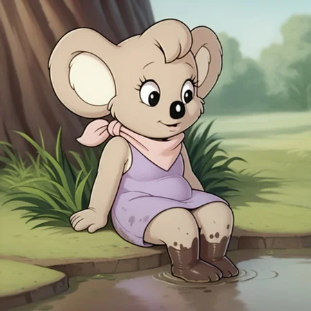 score_9, score_8_up, score_7_up, score_6_up, score_5_up, score_4_up, source_furry, Nutsybbv2, semi-anthro, female, Koala, tan fur, purple dress, pink neckerchief, sitting, outside, covered in mud