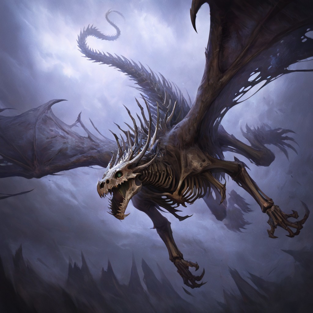 masterpiece, best quality, newest, absurdres, highres, DRALV1.0, undead dragon, undead, skeleton, bones,
flying,