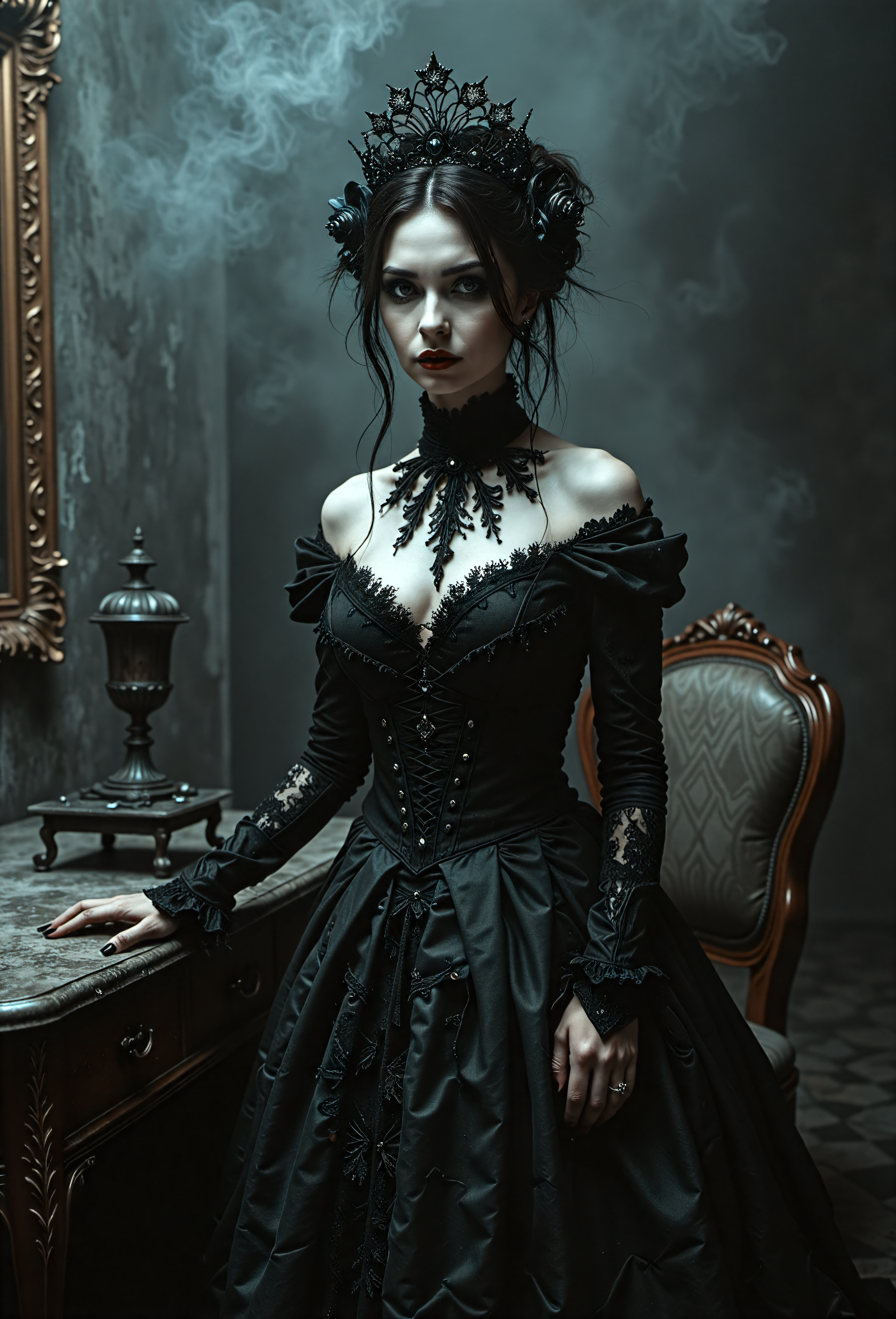 gothic bride, mysterious, dark, Victorian-era inspired, ornate lace, intricate details, subtle mist, dimly lit, candlelight, elaborate jewelry, eerie atmosphere, mysterious shadows, dark eyeliner, bold lip color, pale skin, ornate frame, antique furniture, mysterious background, foggy atmosphere, subtle smoke, dark romantic, mysterious gaze devast8_V2