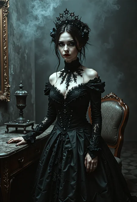 gothic bride, mysterious, dark, Victorian-era inspired, ornate lace, intricate details, subtle mist, dimly lit, candlelight, elaborate jewelry, eerie atmosphere, mysterious shadows, dark eyeliner, bold lip color, pale skin, ornate frame, antique furniture, mysterious background, foggy atmosphere, subtle smoke, dark romantic, mysterious gaze devast8_V2