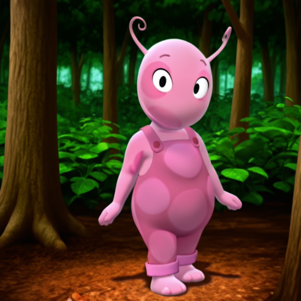 masterpiece, best quality, amazing quality, UniquaBil, anthro, female, pink skin, black eyes, antennae, pink overalls,  standing, in a forest, full body, looking at viewer, solo, barefoot, <lora:9e6a23a5-1739-4c39-9ca7-6d4cc901914e:1.0>