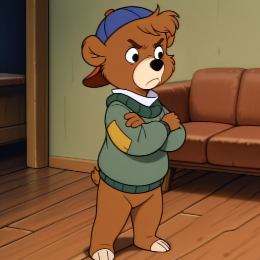 masterpiece, best quality, amazing quality, k1tcl0ud, male, furry male, solo, young, bear, brown fur, short hair, black eyes, black nose, tan muzzle, claws, short, blue and red cap, white collar, green sweater, yellow patch, standing, pout, crossed arms, indoors, living room