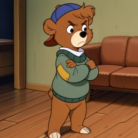 masterpiece, best quality, amazing quality, k1tcl0ud, male, furry male, solo, young, bear, brown fur, short hair, black eyes, black nose, tan muzzle, claws, short, blue and red cap, white collar, green sweater, yellow patch, standing, pout, crossed arms, indoors, living room