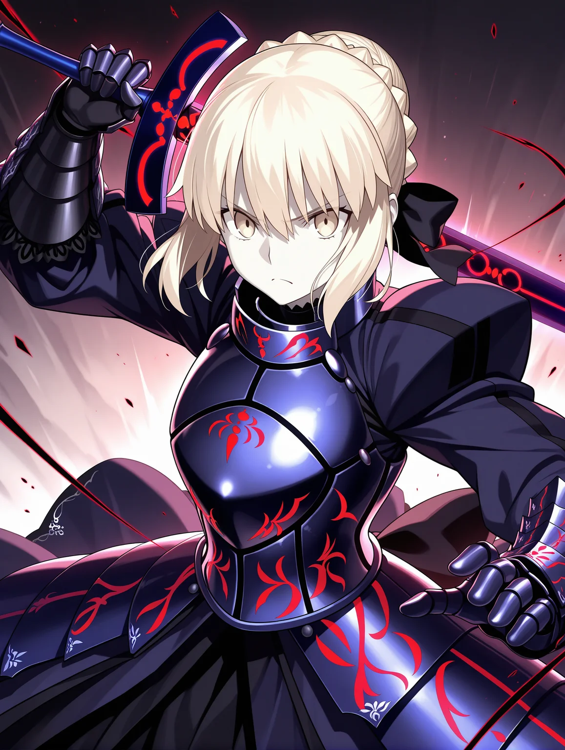 artoria pendragon \(fate\), saber alter, 1girl, armor, armored dress, black armor, blonde hair, braid, braided bun, breastplate, brown eyes, excalibur morgan \(fate\), eyebrows hidden by hair, gauntlets, hair between eyes, hair bun, swinging weapon, scowl, >:\(, short hair, sidelocks, single hair bun, solo, en guard, sword, weapon
,masterpiece,best quality,amazing quality,
