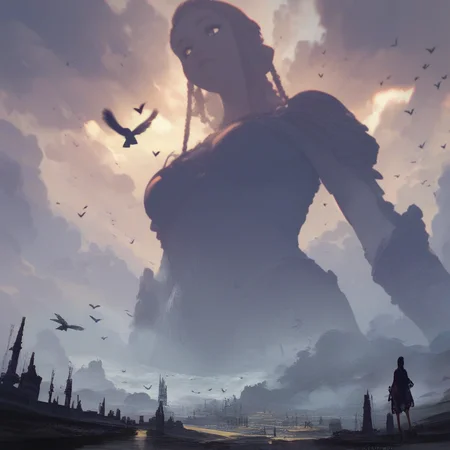 (((beautiful, high quality))), portrait, score_9, score_8_up, score_7_up, Gigant, giant character, aerial perspective, small silhouette below, size difference, 1girl, Birds, clouds, fog, fantasy background, blurred background