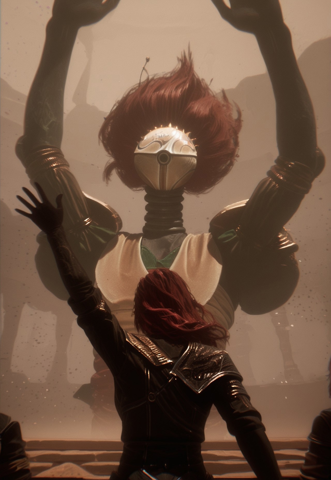 Close up, sirene,artistic,armor,1girl,short hair,red hair,(freckles:0.6),green eyes, abstract,smiling,waving, painting \(medium\), watercolor \(medium\), masterpiece,absurdres,highres, raytracing, pauldrons, helmet, shield, weapon, science fiction, arms up, 1other, no humans, long sleeves, upper body, monster, standing, statue, long hair, sword, mask