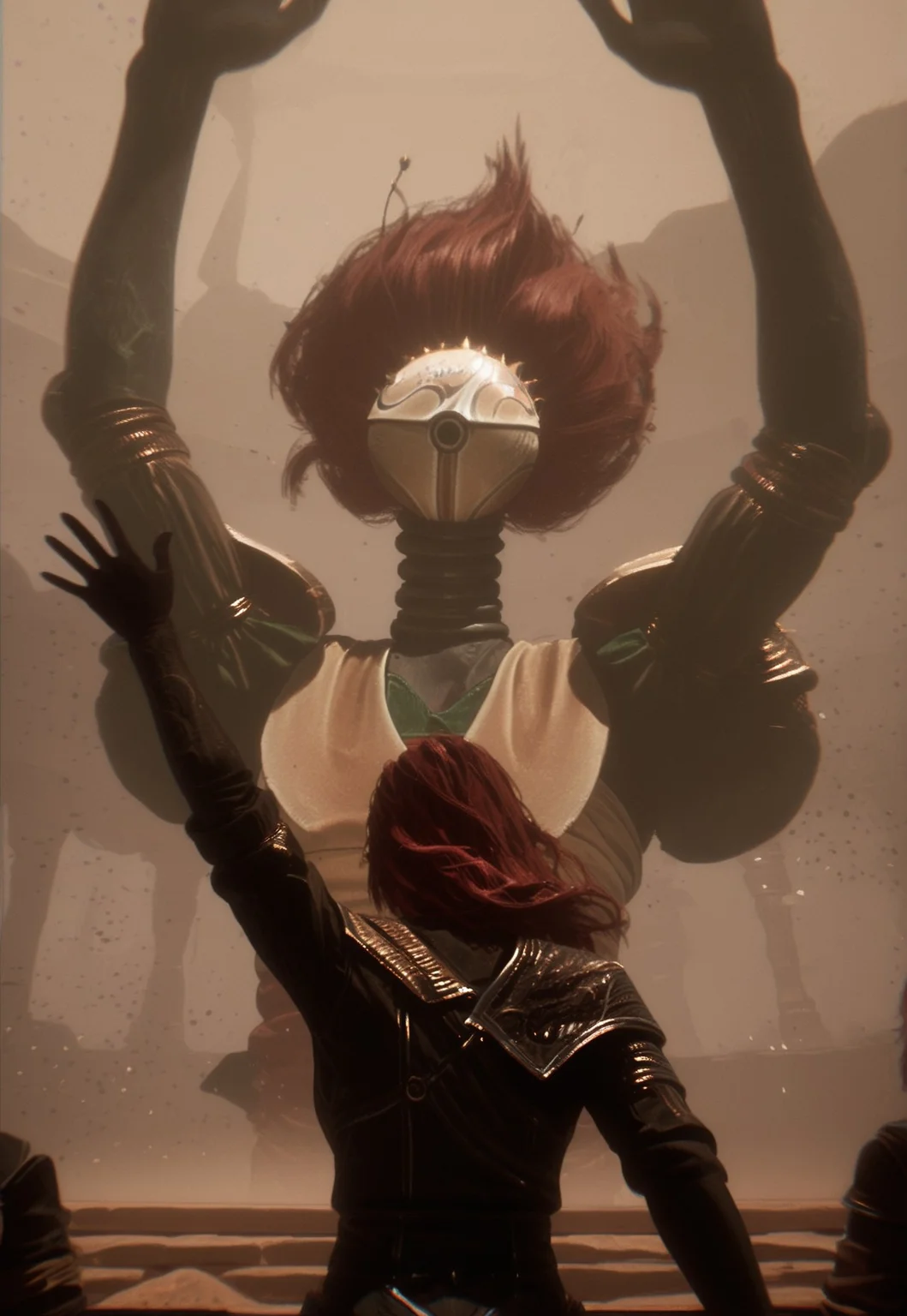 Close up, sirene,artistic,armor,1girl,short hair,red hair,(freckles:0.6),green eyes, abstract,smiling,waving, painting \(medium\), watercolor \(medium\), masterpiece,absurdres,highres, raytracing, pauldrons, helmet, shield, weapon, science fiction, arms up, 1other, no humans, long sleeves, upper body, monster, standing, statue, long hair, sword, mask