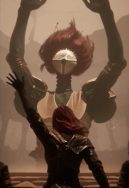 Close up, sirene,artistic,armor,1girl,short hair,red hair,(freckles:0.6),green eyes, abstract,smiling,waving, painting \(medium\), watercolor \(medium\), masterpiece,absurdres,highres, raytracing, pauldrons, helmet, shield, weapon, science fiction, arms up, 1other, no humans, long sleeves, upper body, monster, standing, statue, long hair, sword, mask