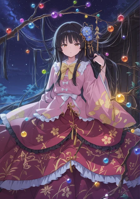 absurdres, highres, masterpiece, best quality, amazing quality, official anime artwork, screencap, anime screencap, looking at viewer,
<lora:Kaguya-Houraisan_Illustrious:1> houraisan kaguya, 1girl, solo, brown eyes, black hair, long hair,, pink shirt, long sleeves, wide sleeves, white bow, red skirt, long skirt, floral print, jeweled branch of hourai,
night, sky, jewelry, pated lips, starry sky, star, adjusted hair,