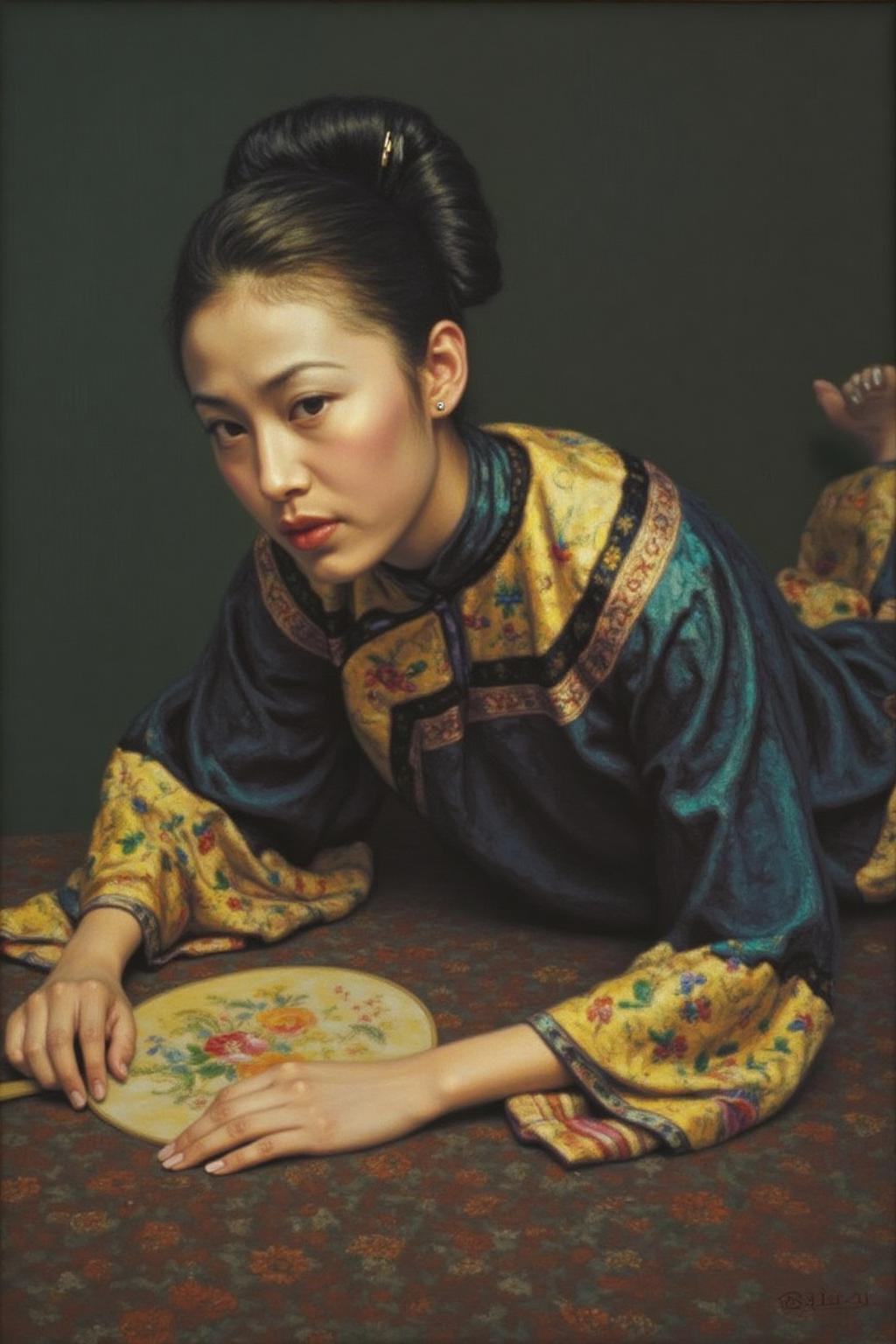 chenyifei1 painting.
A young woman wearing a traditional cheongsam is lying on the ground. Her hair is styled in an elaborate updo adorned with intricate details, possibly decorated with hairpins. She has an elegant and contemplative expression. She is holding a traditional Chinese embroidered hand fan.
 <lora:chenyifei1_cap_d6a3:1.0><lora:839131713935310488:0>