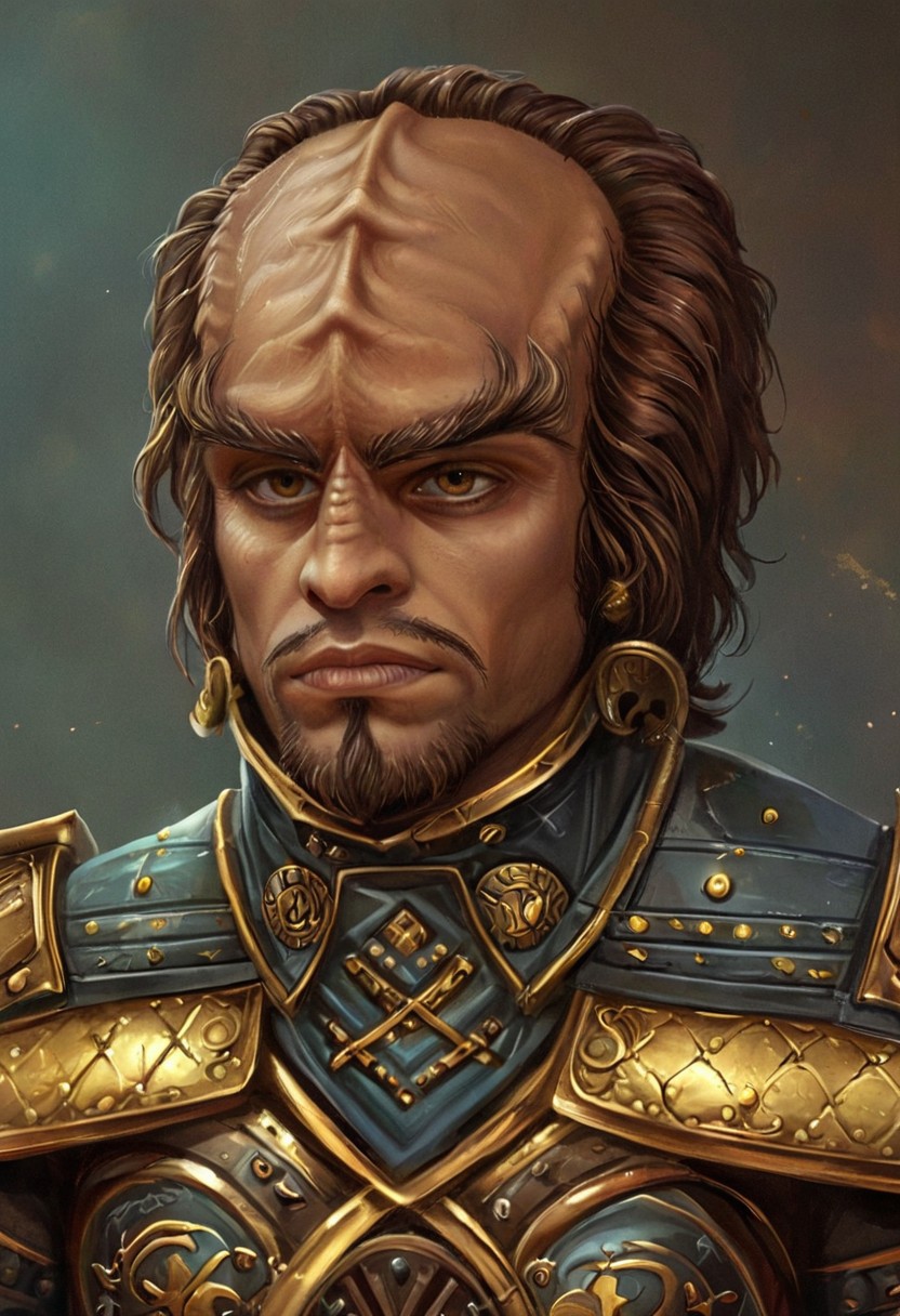 novuschroma17 style, male kling0n alien, brown skin, forehead ridges, large eyebrows, wearing medieval heavy golden paladin armor