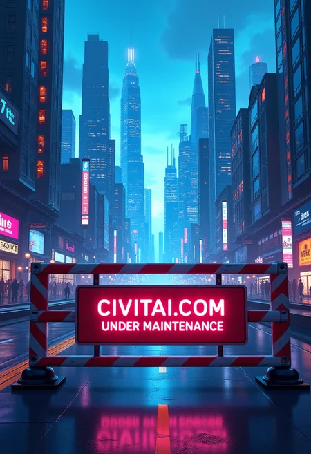 A road closed off by a sign that reads 'CIVITAI.COM UNDER MAINTENANCE'. Beyond the barricade, the eye is drawn to a bustling online realm being carefully tended to. This striking visual is a digital illustration, showcasing a futuristic cityscape with sleek skyscrapers and neon lights. The crisp details and vibrant colors make this image a breathtaking depiction of a virtual world in the midst of maintenance and innovation.