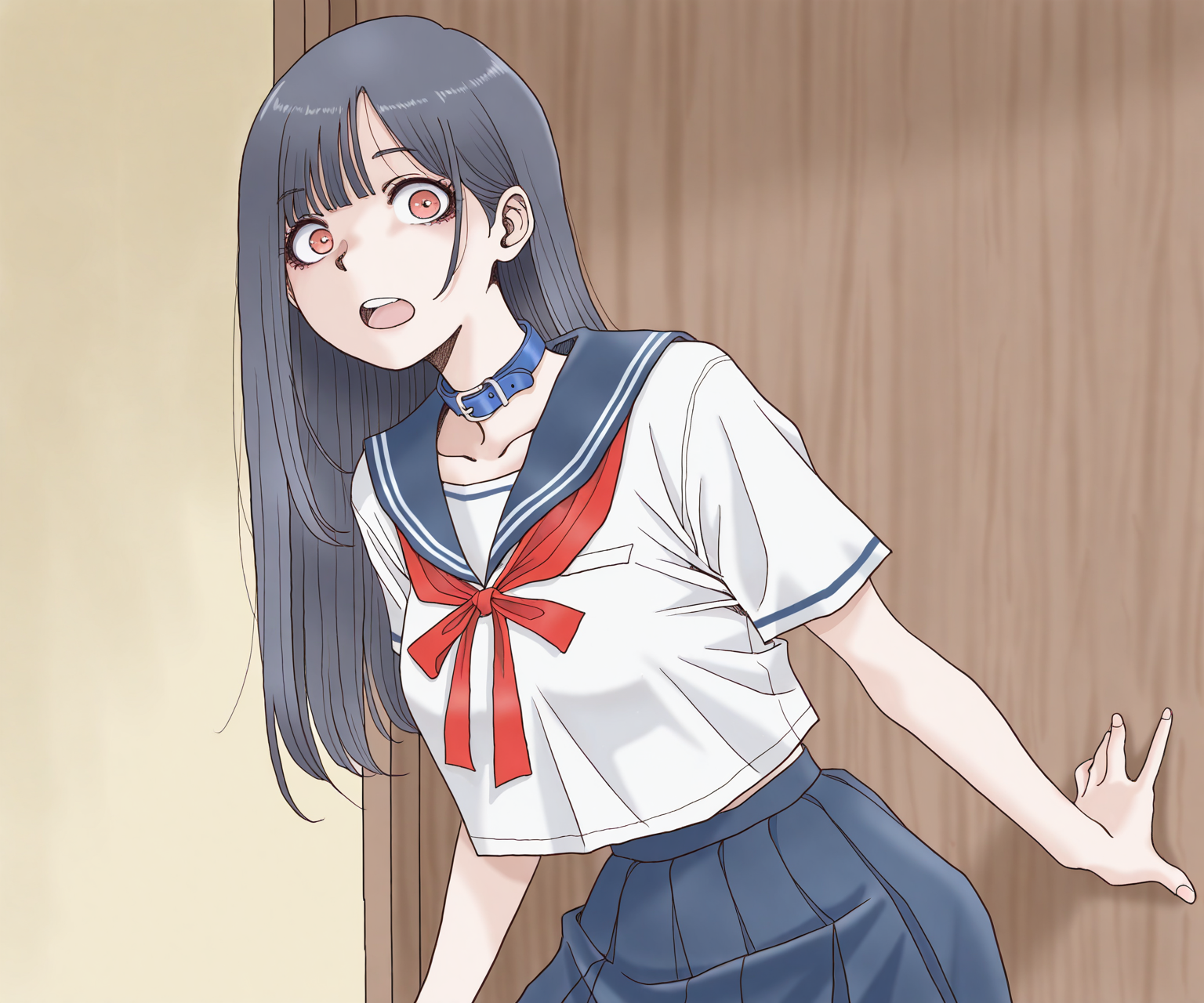masterpiece, best quality, amazing quality, , 1girl, solo, sailor collar, blue collar, red ribbon,  white shirt, skirt, looking at viewer, open mouth, long hair,  <lora:TAMAKIN benzyo style ILL-v2:1> tamakinbenzyo