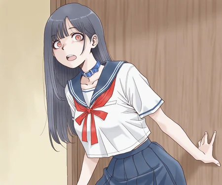 masterpiece, best quality, amazing quality, , 1girl, solo, sailor collar, blue collar, red ribbon, white shirt, skirt, looking at viewer, open mouth, long hair, <lora:TAMAKIN benzyo style ILL-v2:1> tamakinbenzyo