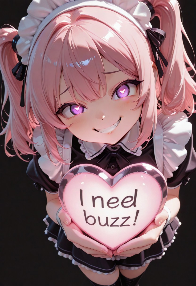 1girl, solo, civchan, medium_hair, pink hair, looking_at_viewer, smile, bangs, anime, simple_background, black background, twintails, purple_eyes, boots, maid, teeth, grin, glowing, glowing_eyes, dutch angle, (pout:0.9),need_buzz, holding sign
heart-shaped pupils, [crazy eyes], cg, masterpiece, 8k, holding technological orb, meme, comic
<lora:CivChan:0.9>