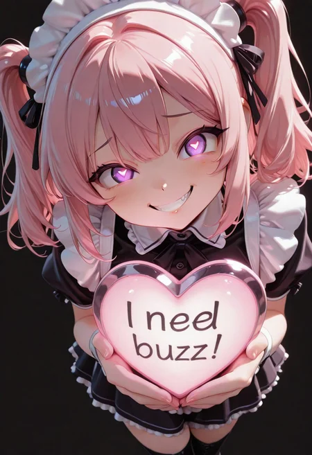 1girl, solo, civchan, medium_hair, pink hair, looking_at_viewer, smile, bangs, anime, simple_background, black background, twintails, purple_eyes, boots, maid, teeth, grin, glowing, glowing_eyes, dutch angle, (pout:0.9),need_buzz, holding sign
heart-shaped pupils, [crazy eyes], cg, masterpiece, 8k, holding technological orb, meme, comic
<lora:CivChan:0.9>