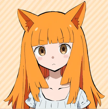 (lowres, jaggy lines, limited palette:1.1), pastel colors, 
girl, fox ears, [blonde:ginger:0.2] hair, brown eyes, (jitome:1.2), head tilt, long hair, blunt bangs, long bangs, white sundress, small breasts, skinny, puffy short sleeves, light orange striped pattern background, 
<lora:Lo-fi_and_cute_r1:1>, <lora:anti_human_ears:1.2>,<lora:StS_age_slider_v1_initial_release:1>
