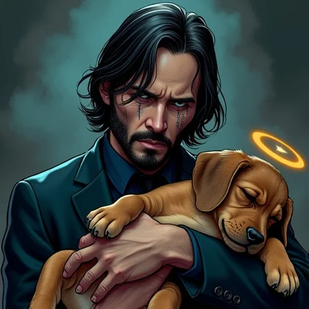 John Wick, the stoic assassin, holding a lifeless beagle puppy stretched out in his arms.His face shows an exaggerated, cartoonish expression of sadness with comically large tears streaming down his cheeks. The puppy head is laying down with eyes closed. The scene is bathed in moody, dramatic lighting with vibrant, saturated colors to enhance the emotional impact. The style is a blend of realism and cartoon exaggeration, emphasizing the contrast between John's usual demeanor and his current state of grief. Background slightly blurred to focus on the emotional centerpiece.