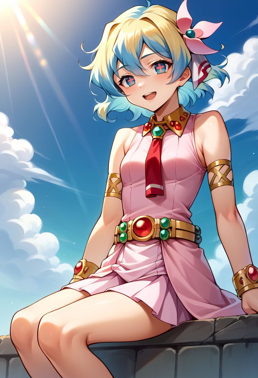 score_9, score_7_up, source_anime, BREAK blue sky, open mouth, :o, smile, facing away, sitting, <lora:NiaS1:1>  nias1, 1girl, blue eyes, symbol-shaped pupils, short hair, blonde hair, blue hair, two-tone hair, small breasts,
skirt, hair ornament, Pink dress, jewelry, hair flower, sleeveless dress, red necktie, bracelet, armlet, belt,