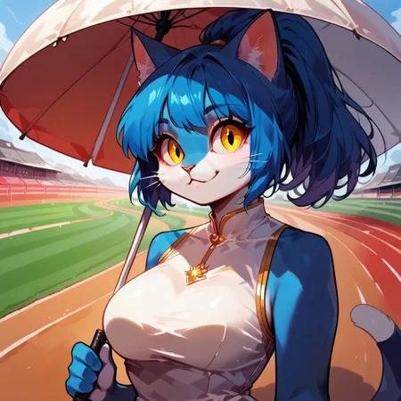 Audr3yC4t, blue anthro cat, portrait, racetrack, holding, parasol, white dress,