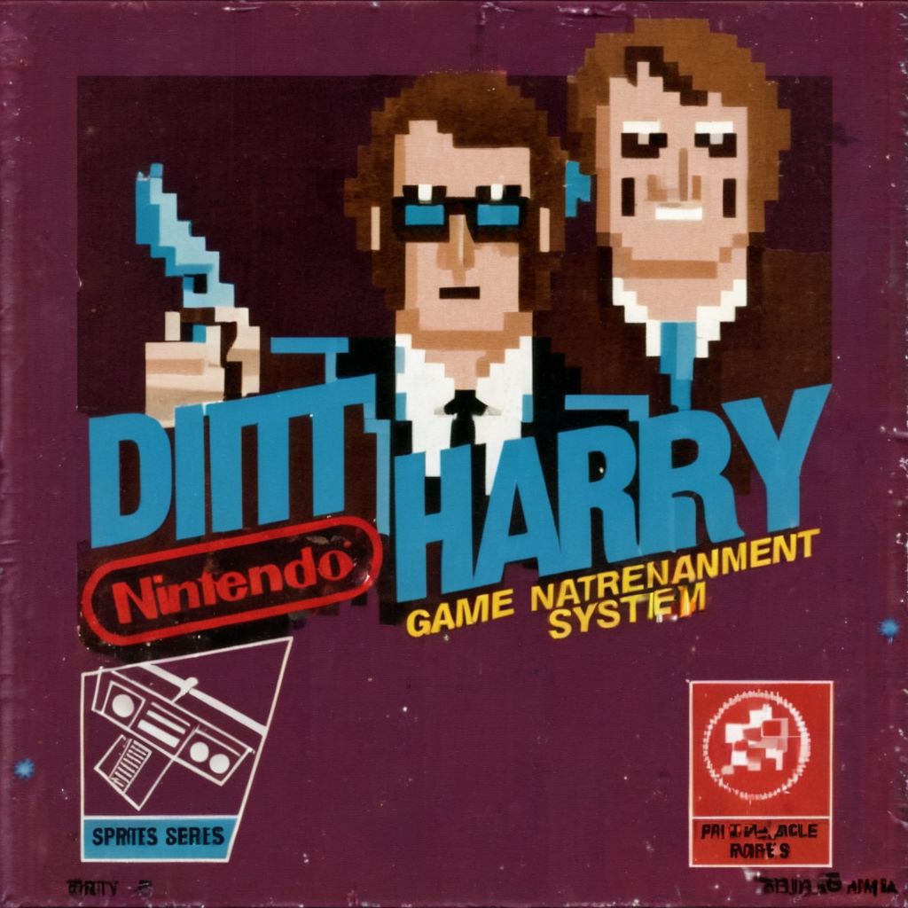 Dirty Harry. game cartridge cover, in the style of classic-nintendo