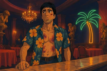 cinematic still, Tony Montana, standing at the edge of a marble counter in a hellbound Cuban eatery, floral shirt open to reveal bruised skin, face lit by a single neon palm frond, medium shot, low-angle, setting: opulent dining room with swirling red tablecloths and weeping cherub statues, mood of false luxury and emerging hunger, chandelier glow with deep violet accents, color theme of coral red, midnight sapphire, and molten gold, style reference 1980s Studio Ghibli–inspired Japanese animation still
