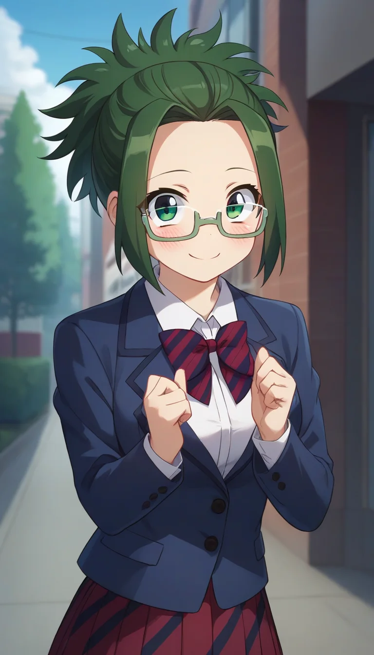 score_9,score_8_up,score_7_up,score_6_up BREAK official art,solo,outdoors,upper body,looking at viewer,facing viewer,smile,blush,Agari Himiko,short hair,green hair,short ponytail,spiked hair,forehead,green eyes,glasses,semi-rimless eyewear,grey-framed eyewear,school uniform,blue jacket,blazer,collared shirt,white shirt,red bowtie,striped bowtie,diagonal-striped bow,medium breasts,skindentation,long sleeves,red skirt,pleated skirt,striped skirt,black socks,loafers,<lora:Agari Himiko(kcc)-Pony:1.2>,