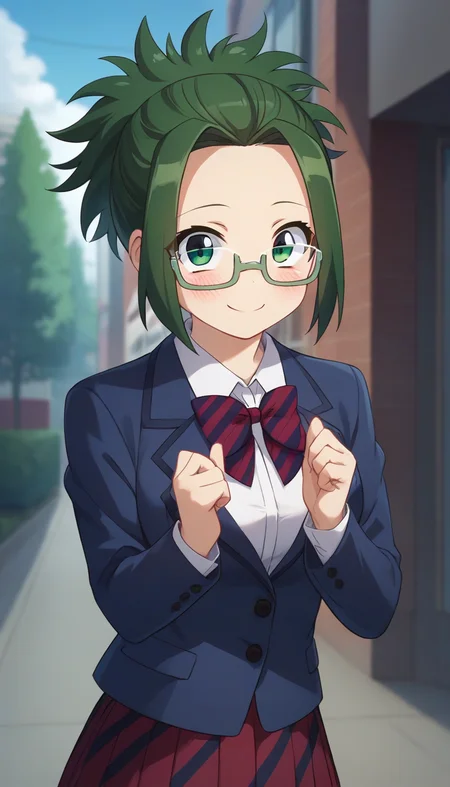score_9,score_8_up,score_7_up,score_6_up BREAK official art,solo,outdoors,upper body,looking at viewer,facing viewer,smile,blush,Agari Himiko,short hair,green hair,short ponytail,spiked hair,forehead,green eyes,glasses,semi-rimless eyewear,grey-framed eyewear,school uniform,blue jacket,blazer,collared shirt,white shirt,red bowtie,striped bowtie,diagonal-striped bow,medium breasts,skindentation,long sleeves,red skirt,pleated skirt,striped skirt,black socks,loafers,<lora:Agari Himiko(kcc)-Pony:1.2>,