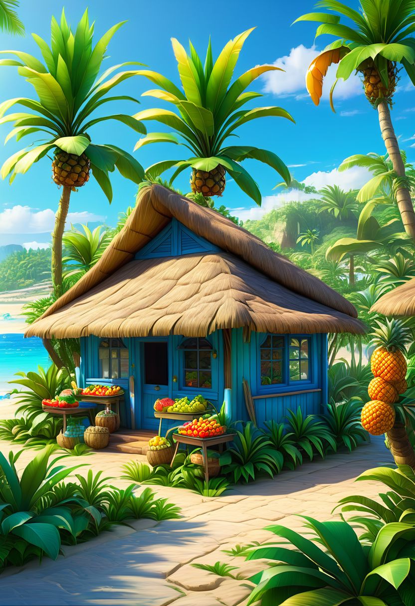4k resolution, intricately detailed, trending on artstation, ((best quality)), ((highly detailed)), masterpiece, scenery, no humans,
outside, zzDelfinoPlaza, small fruit stand, pineapples, coconuts, palm tree, small house, clear blue sky, realistically detailed, HDR, ,Delfino_Plaza