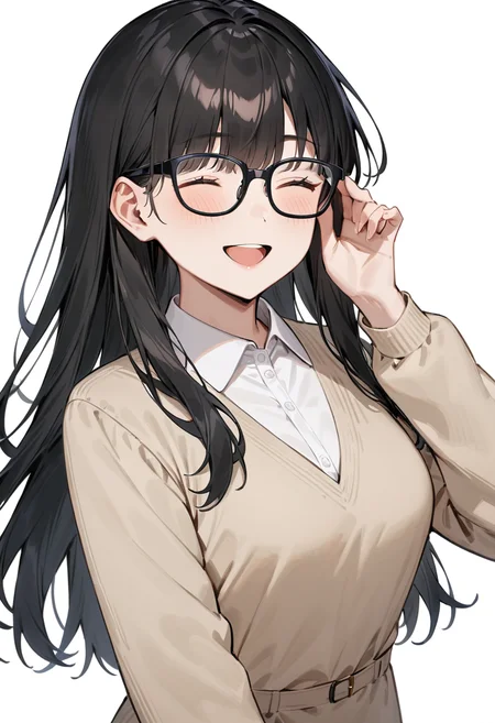 masterpiece, best quality, very aesthetic, absurdres,
1girl, solo, black hair, long hair,
Wellington22A, glasses, black-framed eyewear,
collared shirt, happy, smile, looking at another, adjusting eyewear, white background, simple background,
<lora:glasses_Wellington_cellframe1_SDXL_V1:0.8>