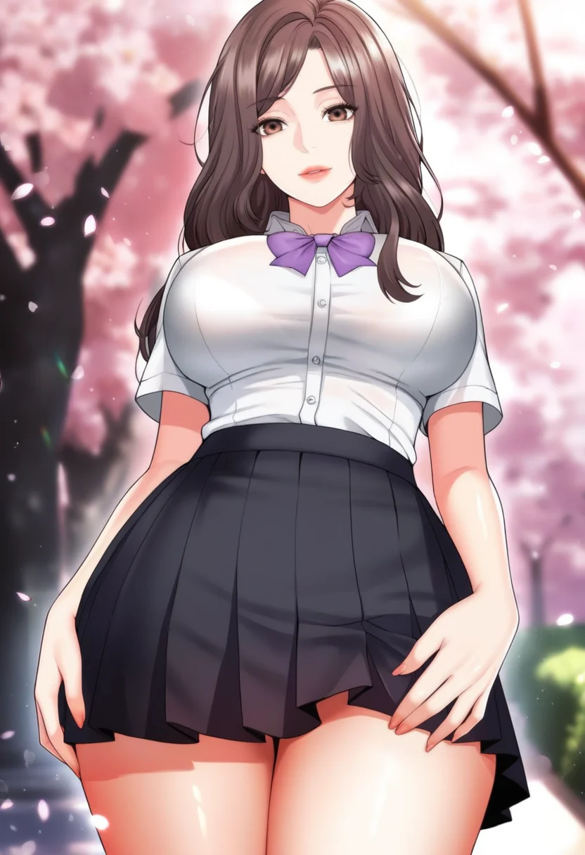 masterpiece, best quality, amazing quality,seo jeongah, brown eyes, brown hair, mature female, long hair,1girl, breasts, large breasts,solo,school uniform,pleated skirt,white shirt, black skirt, purple bow,short sleeves, parted lips, light smile, standing, looking at viewer, cowboy shot, blurry background, outdoors, school, cherry blossoms <lora:seo jeongahV1:0.9>