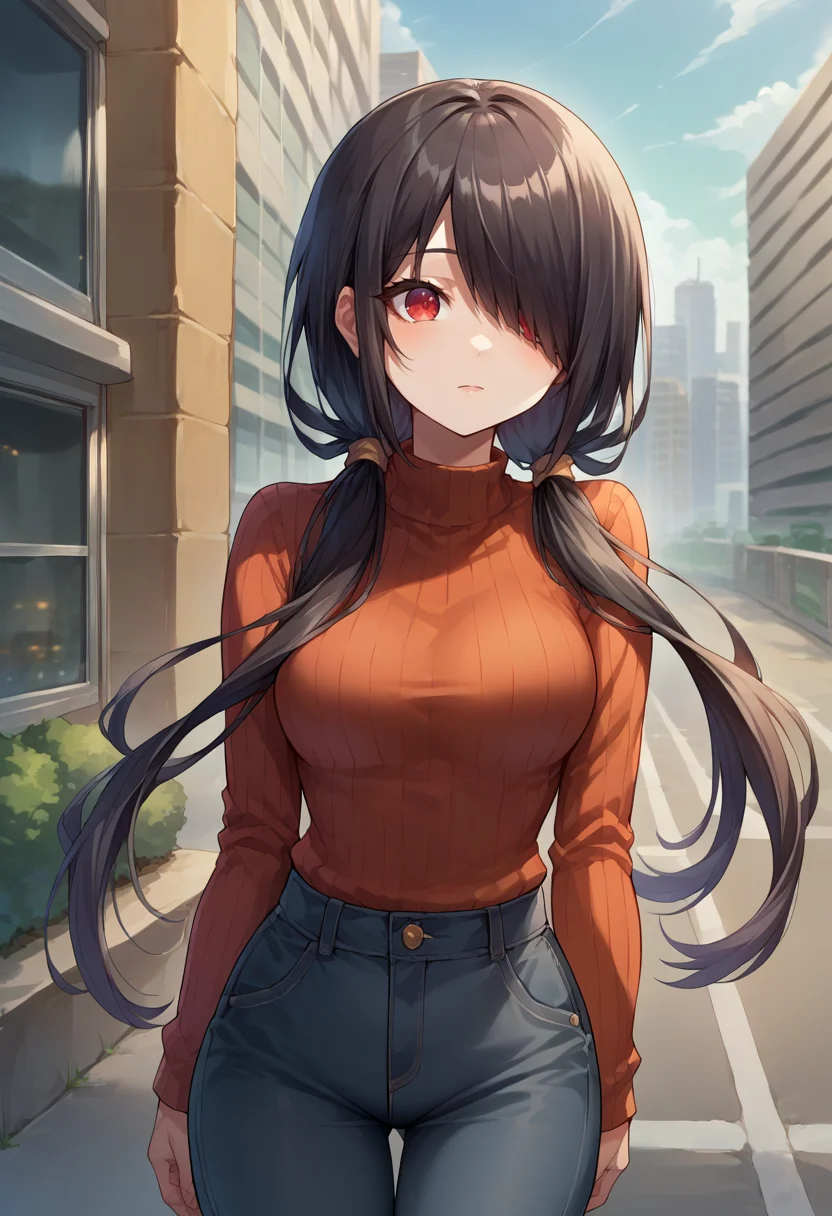 score_9, score_8_up, source_anime, 1girl, solo, TokisakiKurumi, black hair, low twintails, hair over one eye, red eye, sweater, ribbed sweater, long sleeves, high-waist pants, outdoors, city, <lora:ChamTokisakiKurumiPonyXL-000008:1>