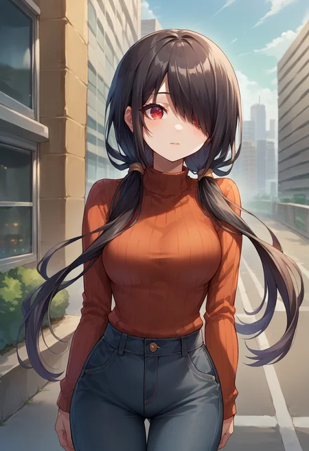 score_9, score_8_up, source_anime, 1girl, solo, TokisakiKurumi, black hair, low twintails, hair over one eye, red eye, sweater, ribbed sweater, long sleeves, high-waist pants, outdoors, city, <lora:ChamTokisakiKurumiPonyXL-000008:1>