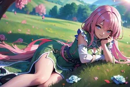(masterpiece:1.4), 4K8K, (anime style), (high shutterspeed:1.4), (sharp edges),
SyFyEye1, FanFo,
1woman hands togather, leaning foward, face focus, smile, closed mouth,
wearing Celtic style dress, (Detailed face, Detailed eyes, Detailed lips), (solo),
pink hair, any colored roses, Fantastic, grass firld, lakeside,