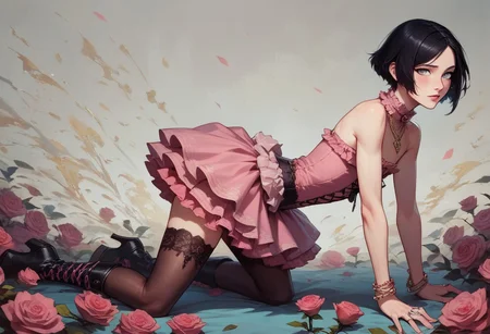 score_9, score_8_up, score_7_up, 1boy, femboy, otoko no ko, short hair, bob cut hair, black hair, grey eyes, gray eyes, feminine face, toned body, Shelly, pantyhose, ruffles, pink rose, thighhighs, flowers, rose corsage, sleeveless, necklace, jewelry, bracelet, pink dress, rose, ring, pink frilly dress, flower, lace trim, frilled dress, ruffle underskirt, underlayment, pink laced boots, highly detailed, intricate, zzCitronCAT, flirty expression, all fours, crawling, arched back, side view, looking at viewer, modelshoot, abstract background, solo