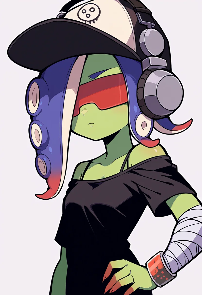 score_9, score_8_up, source_anime, 1girl, solo, Dedf1sh, green skin, tentacle hair, multicolored hair, baseball cap, two-tone headwear, headphones, red-tinted eyewear, black dress, off shoulder, bra strap, short sleeves, bandaged arm, wristband, side slit, cross-laced slit, hand on own hip, expressionless <lora:ChamDedf1shPonyXL:1>