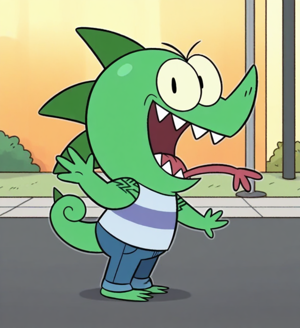 high resolution, best quality, outline, open mouth, tongue out, side view, waving at viewer, looking at viewer, long tongue, hand tongue, sidewalk background, <lora:Chameleon_Jr_-_OK_KO_LBH_Illust:1> chameleon jr, scalie, chameleon, toony, head spikes, green skin, arm tattoo, tail, curled tail, sharp teeth, pointy nose, yellow sclera, black eyes, tail spikes, striped shirt, jeans