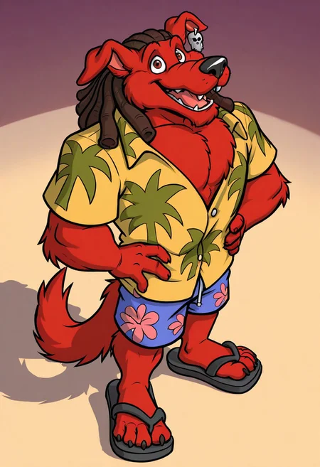 masterpiece, ultra detailed, amazing quality, absurdres, very aesthetic, no humans, solo focus, male focus, furry male, 1boy, (from above:1.1), mini person, short, 
d_w0lf_mon, red fur, red body, body fur, elbow tuft, brown hair, dreadlocks, brown eyes, long snout, black nose, single earring, skull earring, smile, fangs, looking at viewer, open mouth, tongue, teeth, wide-eyed, facial hair, chin tuft, wrinkles, mature male, droopy ears, muscular, chest tuft, pectoral cleavage, yellow shirt, collared shirt, hawaiian shirt, palm tree print, short sleeves, partially unbuttoned, blue shorts, swimming trunks, floral print shorts, leaning back, head back, standing, hands on hips, looking up, finger claws, tail, sandals, toe claws, perfect hands, perfect feet, 5 fingers, 4 toes, high-angle view,
BREAK 
patterned background, psychedelic background, perfect lighting, shadow, pov