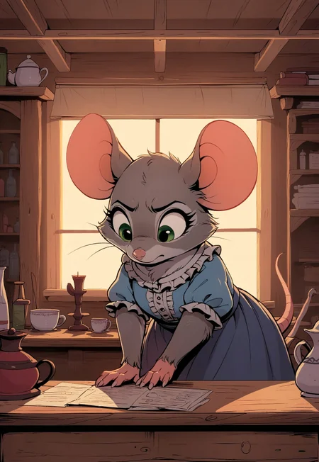 score_9, score_8_up, score_7_up, score_6_up, score_5_up, score_4_up,
[][][][][]
(((mouse))), (feral:1.5), female, solo, (fluffy:0.8), (fluffy cheeks:0.4), (cute), 
[][][][][]
(frilly shirt, blue skirt), grey fur, grey ears, green eyes, 
[][][][][]
flat color, in the style of Beatrix Potter,
[][][][][]
cel-shading, backlit, (cool color pallet), (upper body portrait, head focus:1.8), side view, (tired expression, annoyed expression), potions, tea, bottles, (look down), working, (looking down:2), (mouse sitting behind the desk with her elbows on it), head in hand, 
[][][][][]
indoors, candlelight, cottage, desk, workshop, (dark, night)