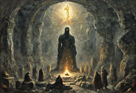 stone glyph runes formation, a silhouette standing in the middle with a torch, mines of moria underground, carved statues, abstract temple in the unthinking depths,
overgrown cave and ruined walls, Nordic dungeon, cave ruins concept art, demonic runes and incantations carved into the dark souls catacomb, Skyrim, the elder scrolls, arx fatalis, dungeons and dragons, worshipers praying and chanting