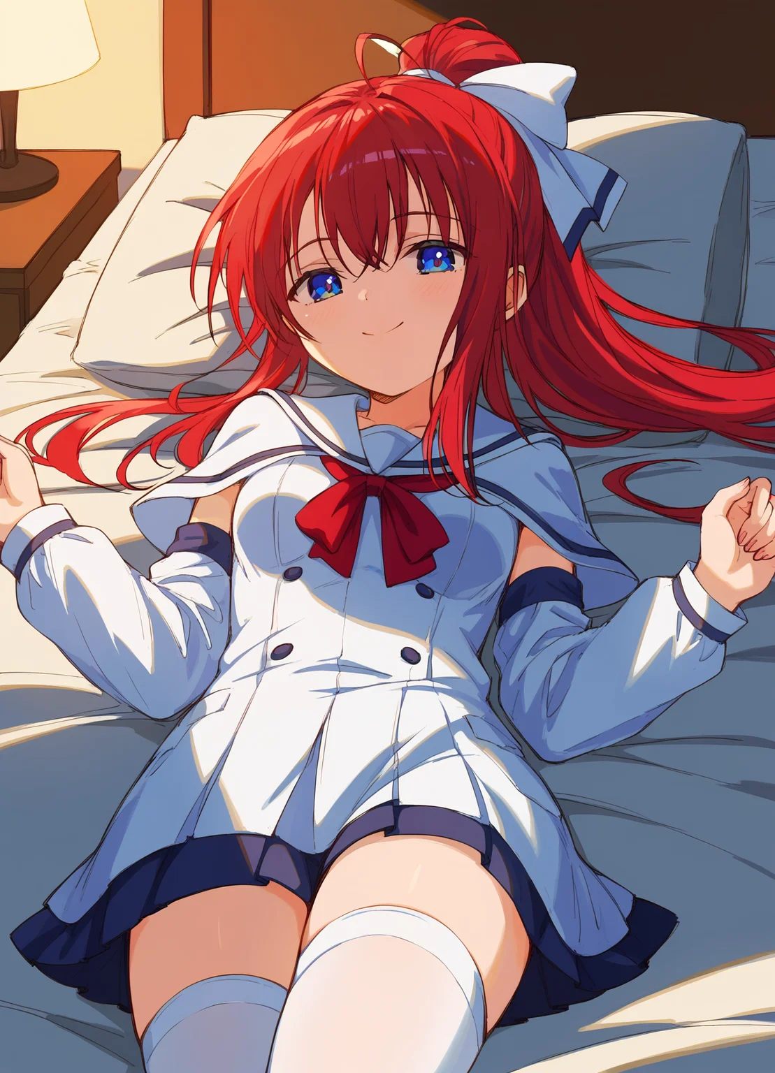 score_9, score_8_up, score_7_up, masterpiece, best quality, absurdres, official art, official style, anime screencap, megami magazine, zPDXL2, zPDXLxxx, <lora:Shiratori Mikoto (In'youchuu Chiroku ver) Pony v1_epoch_10:0.7>, 1girl, solo focus, shiratori_mikoto, large breasts, BREAK, (blue eyes:1.1), BREAK, red hair, long hair, ponytail, sidelocks, bangs, BREAK, hair ribbon, white ribbon with blueline, BREAK, school uniform, capelet, white jacket with black sideline, BREAK, red ribbon, BREAK, white skirt with black lining, pleated skirt, sawtooth hem, BREAK, (white thighhighs:1.2), BREAK, <lora:neg4all_bdsqlsz_xl_V91:1.0> <lora:ALTXL_pony_0061_8:2.0>, <lora:detailed_hands-000002:1>, hand bedroom, on bed, bed sheet, evening, sunset, dim lighting, light particles, on back, pov closed eyes, smile, looking at viewer,