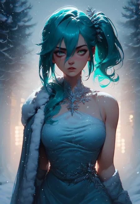 score_9, score_8_up, score_7_up, score_6_up, score_5_up, t4s14, (dramatic lighting, volumetric lighting, cowboy shot, winter, snow, dark, 1girl, teal hair, hair between eyes, side ponytail, gown, hot)