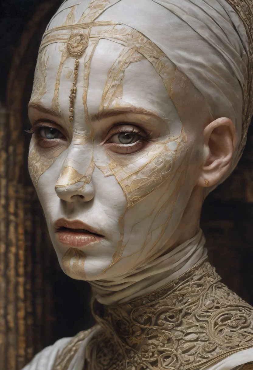 Asajj Ventress as a Mummu By Luis Royo and Basil Logos and Donato Giancola and Frank Xavier Leyendecker painted illustration: hips-up portrait of a scowling angray Asajj Ventress (pale and pallid skin, completely bald) wrapped in mummy linens, mummy wrapped in linen withered Persian face wandering alone in the Egyptology museum : dynamic action pose, 32k resolution, molecular precision.