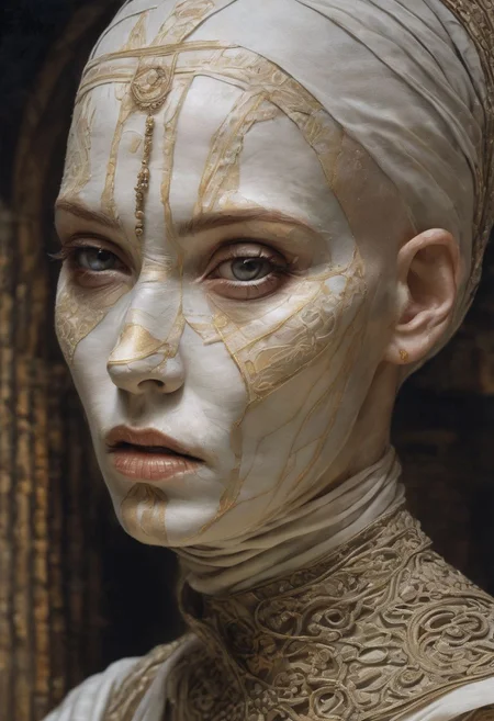 Asajj Ventress as a Mummu By Luis Royo and Basil Logos and Donato Giancola and Frank Xavier Leyendecker painted illustration: hips-up portrait of a scowling angray Asajj Ventress (pale and pallid skin, completely bald) wrapped in mummy linens, mummy wrapped in linen withered Persian face wandering alone in the Egyptology museum : dynamic action pose, 32k resolution, molecular precision.