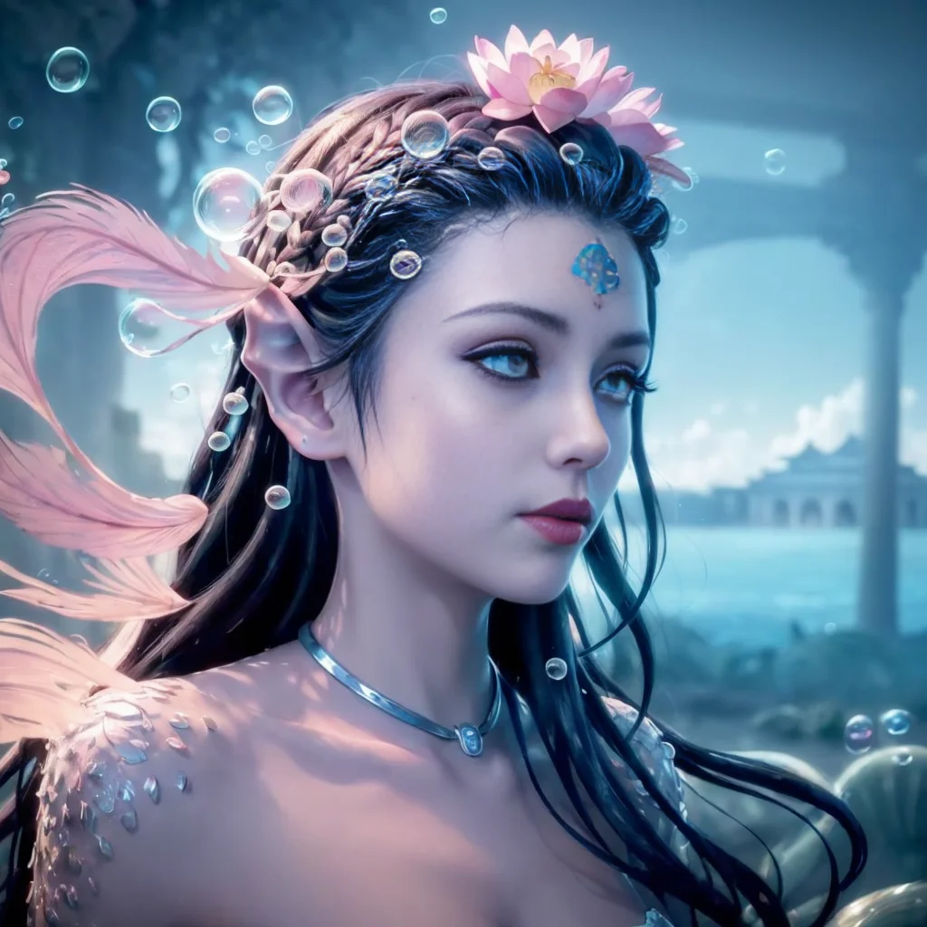 bere, a woman with blue eyes and a black hair,<lora:bere-10:0.5>,(illustration:1.8),(best quality),(masterpiece:1.5),masterpiece,extremely detailed CG unity 8k wallpaper),depth of field,dramatic angle,(Silver detailed cyan_ribbon and white flowers in the girl's long black_hair:1.25),(braid), (detailed beautiful face:1.3),detailed symmetrical_Blue_eyes,(Ancient palace background far away:1.55),A slight light, (pink flower:1.2),chiaroscuro, ((lotus) in beautiful detailed flowing_clouds_sea:1.3), Rayleigh scattering,(feather headdress:1.15),grass background,nature,((very wide shot)),(((Underwater))),Deep focus,Watermaker(bubbles:1.5),turtles,corals,Floating clothes,bottle with stopperwater in bottle